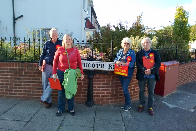 Bournville Labour volunteers Stuart, Liz, Joan and Ted on Heathcote Road in Cotteridge