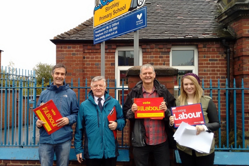 Steve McCabe MP (second from left) out in Stirchley with members of Bournville Labour on the Missing Million electoral registration drive Members are standing by the gates of Stirchley Primary School. Also with Steve are new member Paul (left) and Steve (second from right) and Lucy (right)